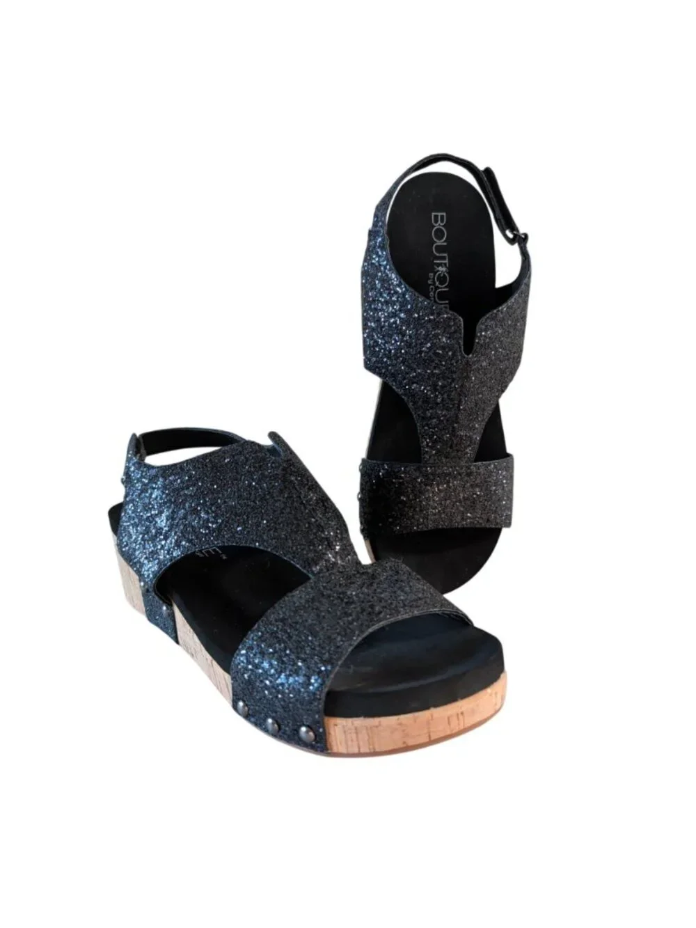 Boutique by Corkys Refreshing Sandals Womens 11 Black Glitter Cork Wedge Studded